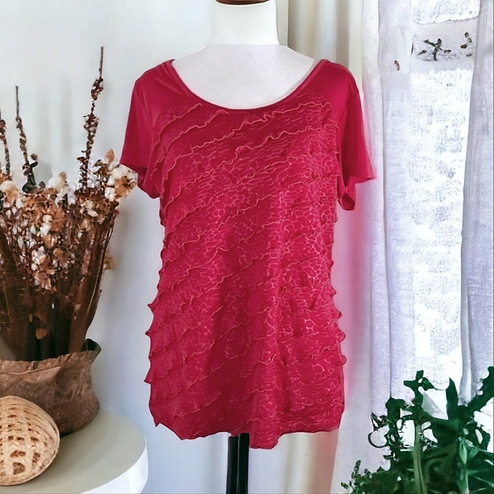 Sag Harbor Women's Pink Ruffle Layered Short Sleeve Scoop Neck Blouse Size Small